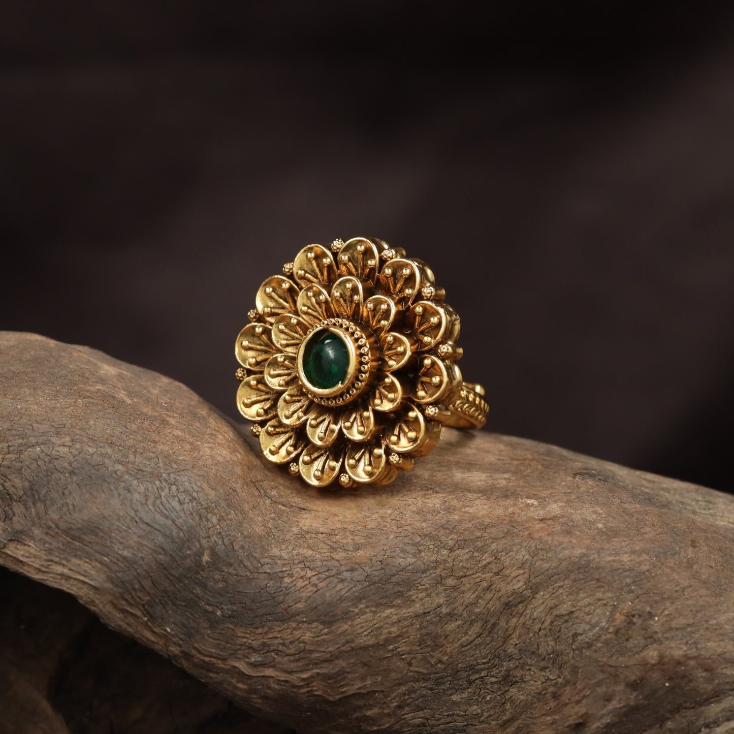 Traditional Layered Floral Antique Finger Ring With Disc Work