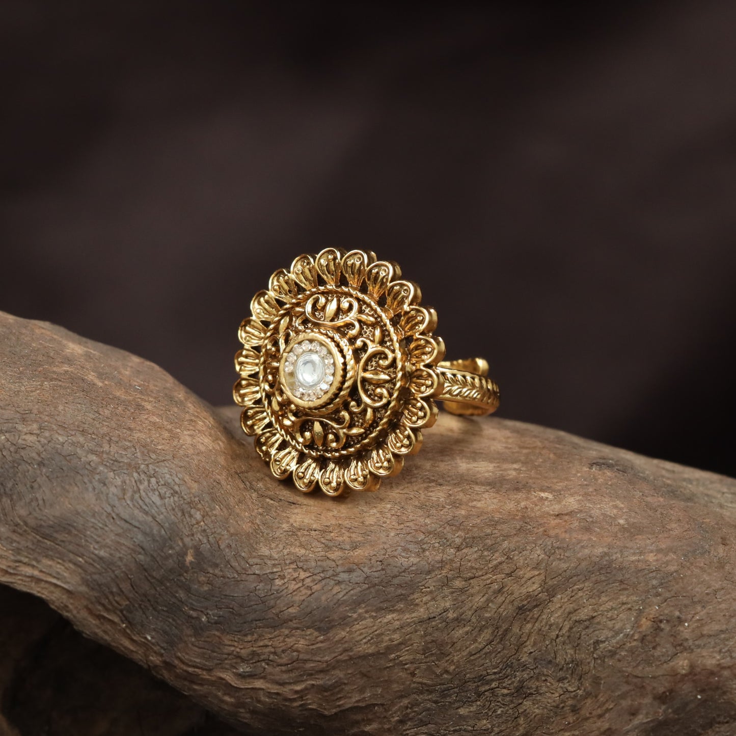 Detailed Floral Disc Antique Finger Ring With Ornamental Styling