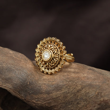 Detailed Floral Disc Antique Finger Ring With Ornamental Styling