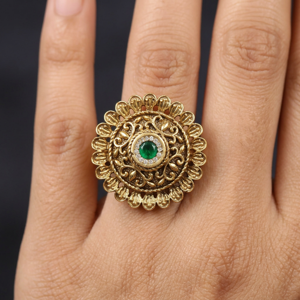 Detailed Floral Disc Antique Finger Ring With Ornamental Styling