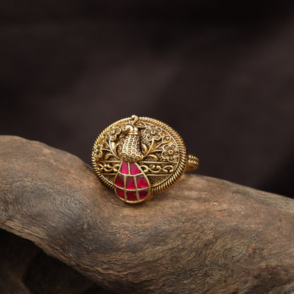 Handcrafted Floral Border Antique Finger Ring With Peacock Work