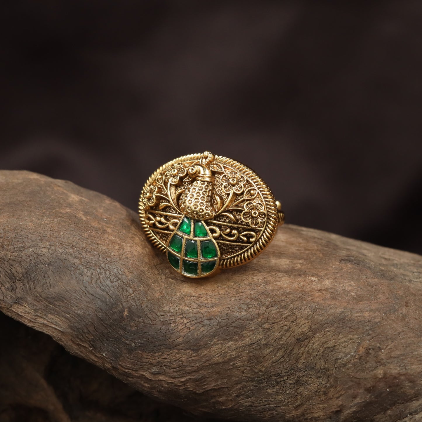 Handcrafted Floral Border Antique Finger Ring With Peacock Work
