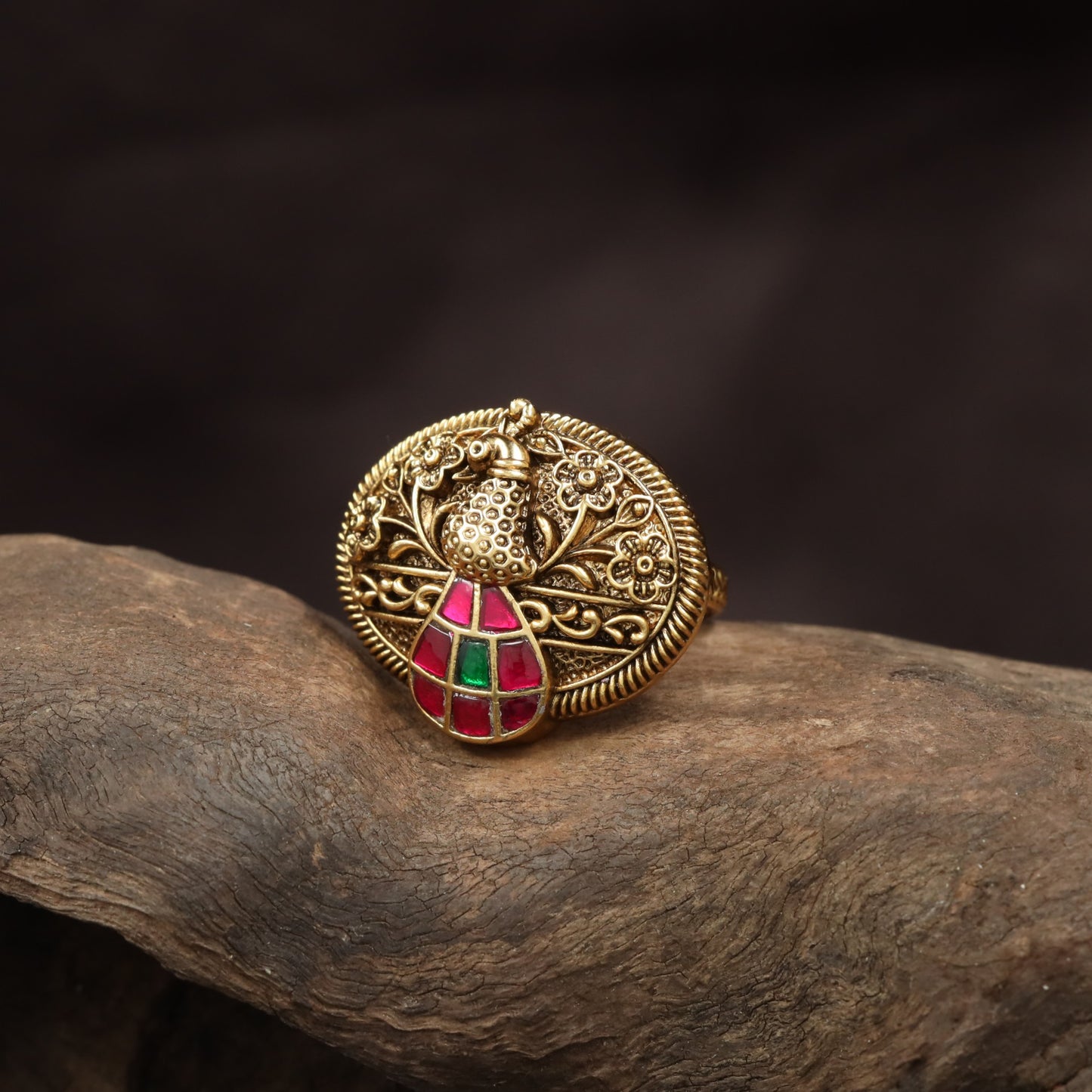 Handcrafted Floral Border Antique Finger Ring With Peacock Work