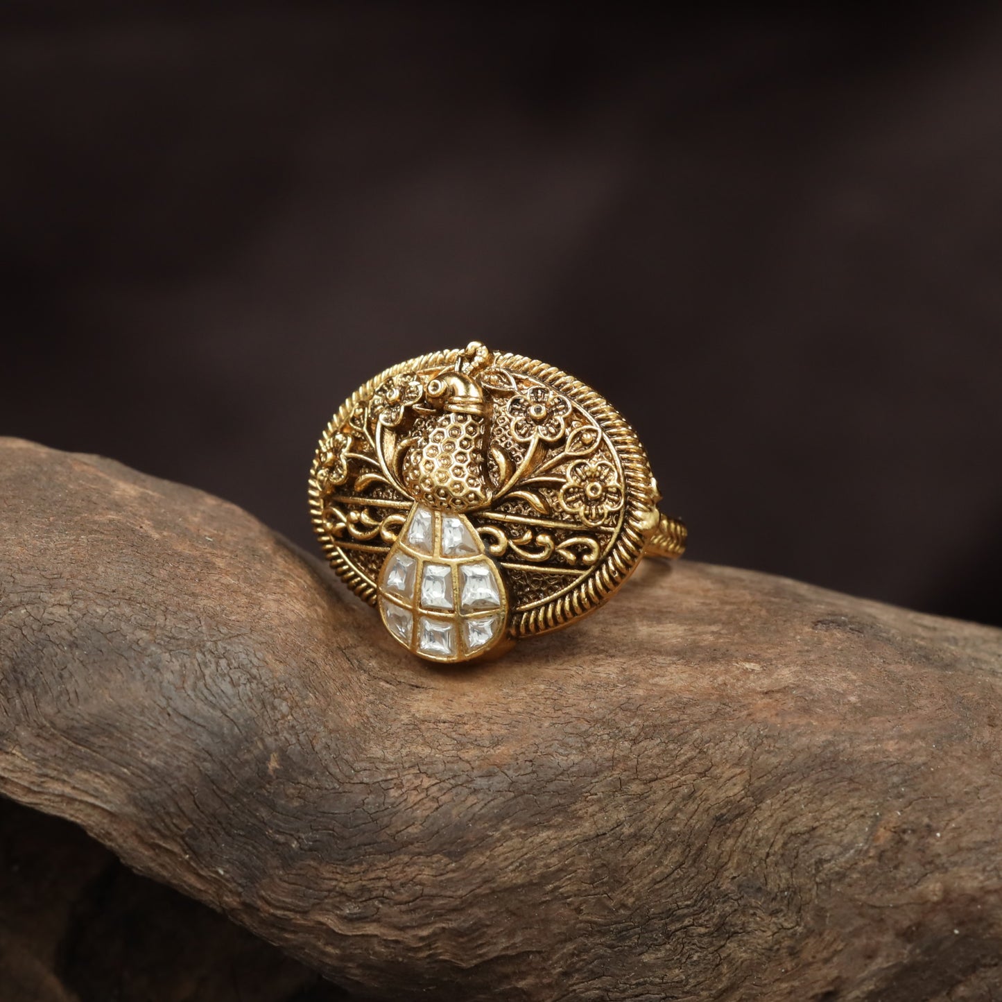 Handcrafted Floral Border Antique Finger Ring With Peacock Work