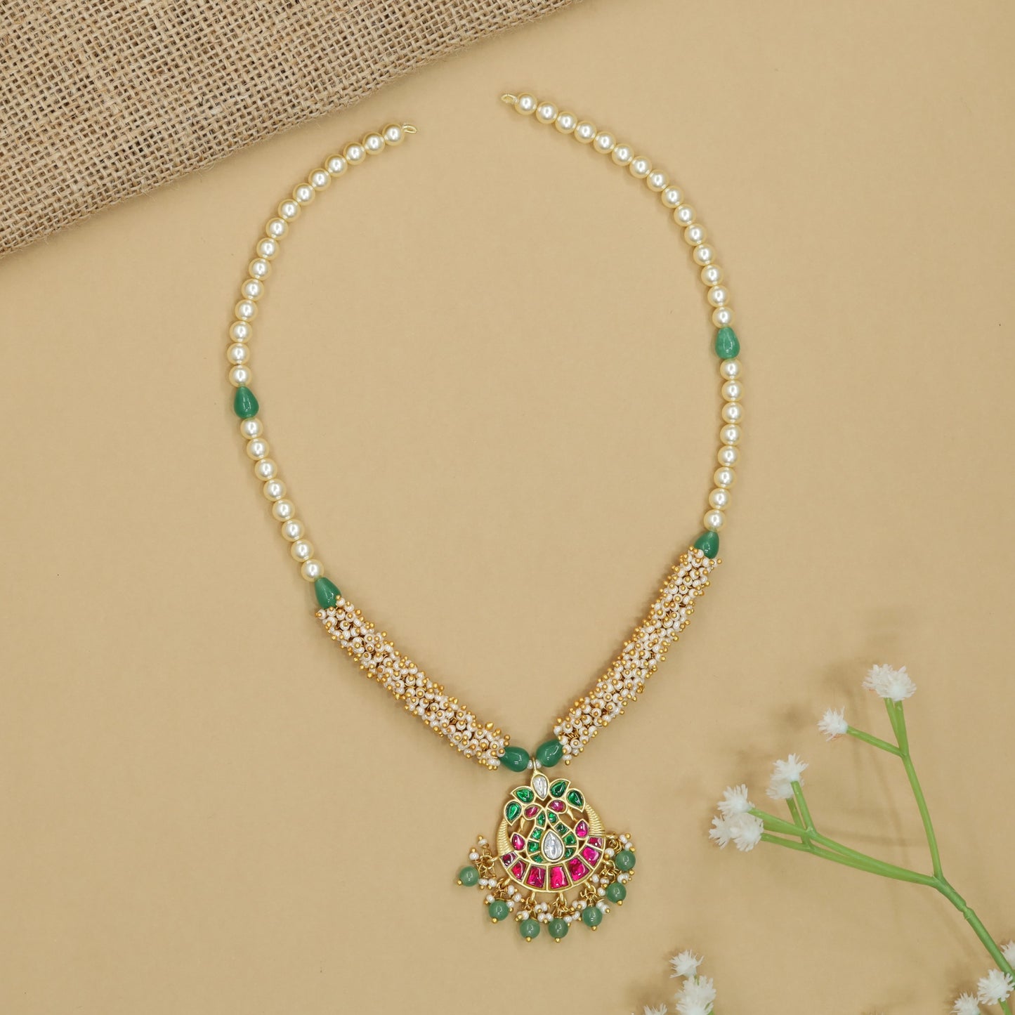 Traditional Pearl Beads Chain with Floral Pendant Layout and Drops