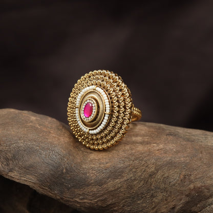 Traditional Layered Disc Antique Finger Ring With Border Work
