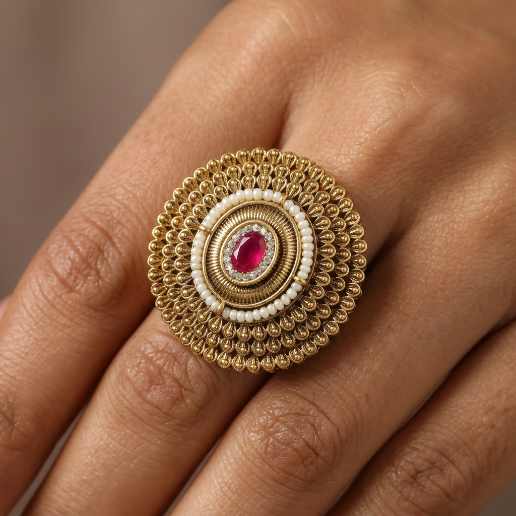 Traditional Layered Disc Antique Finger Ring With Border Work