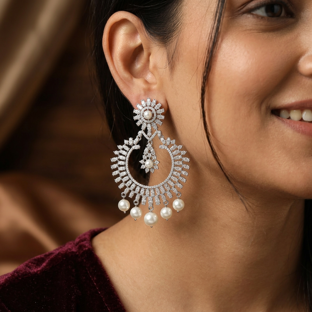 Premium Open Hanging with Structured Hoop Layout and Pearl Drops