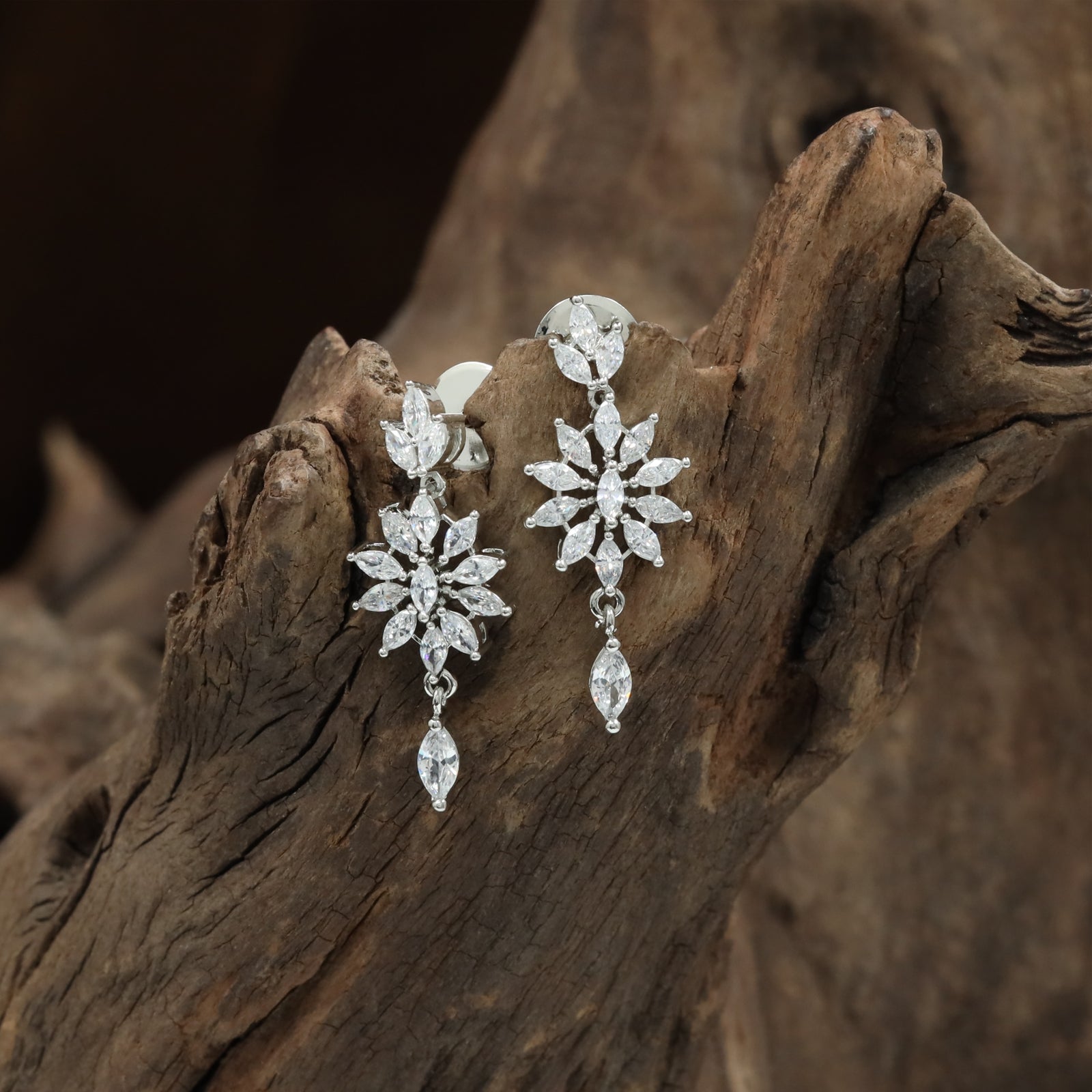 Premium Drop Rhodium Hanging with Structured Floral Cluster Styling
