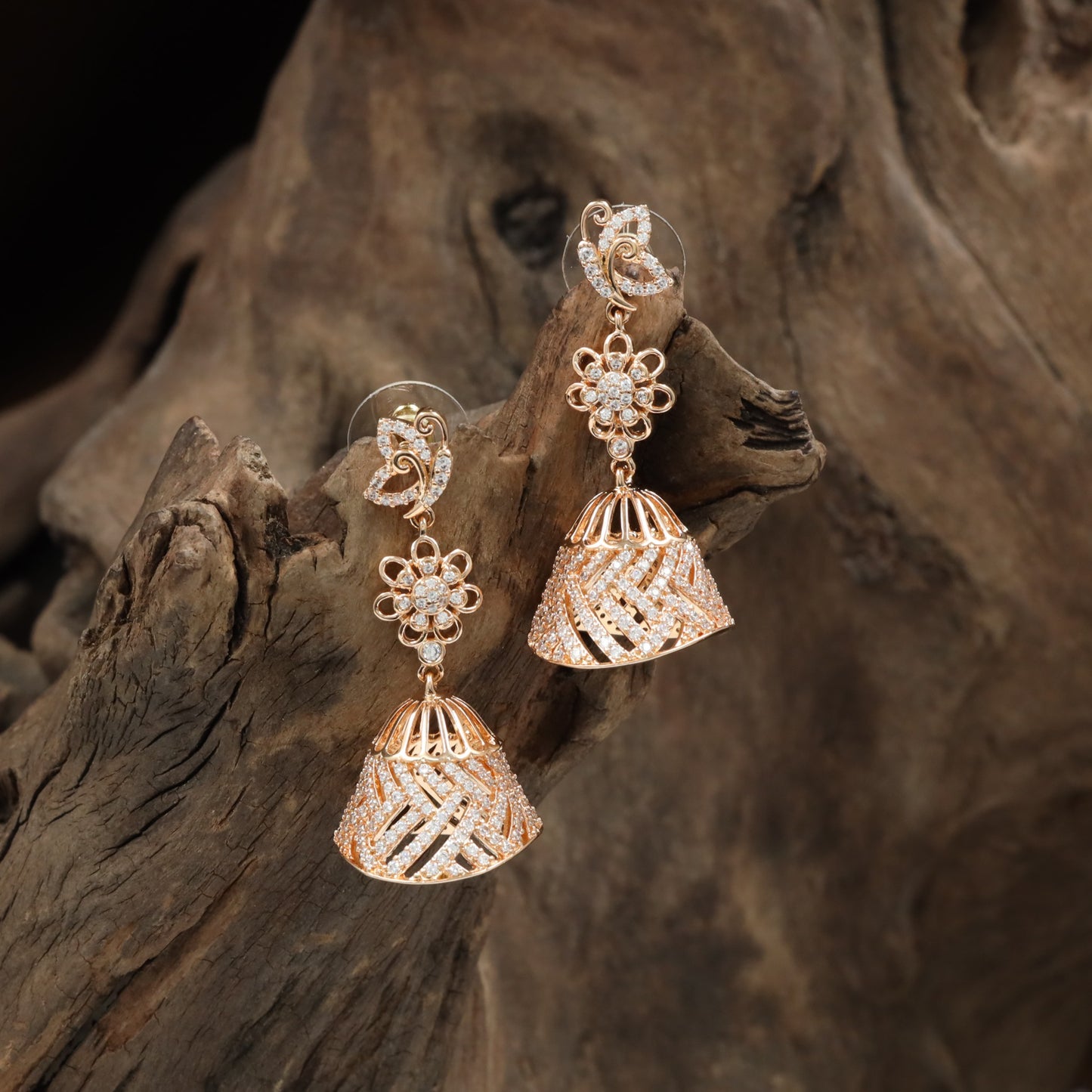 Jubilee butterfly Rose gold jumka with suspended floral links