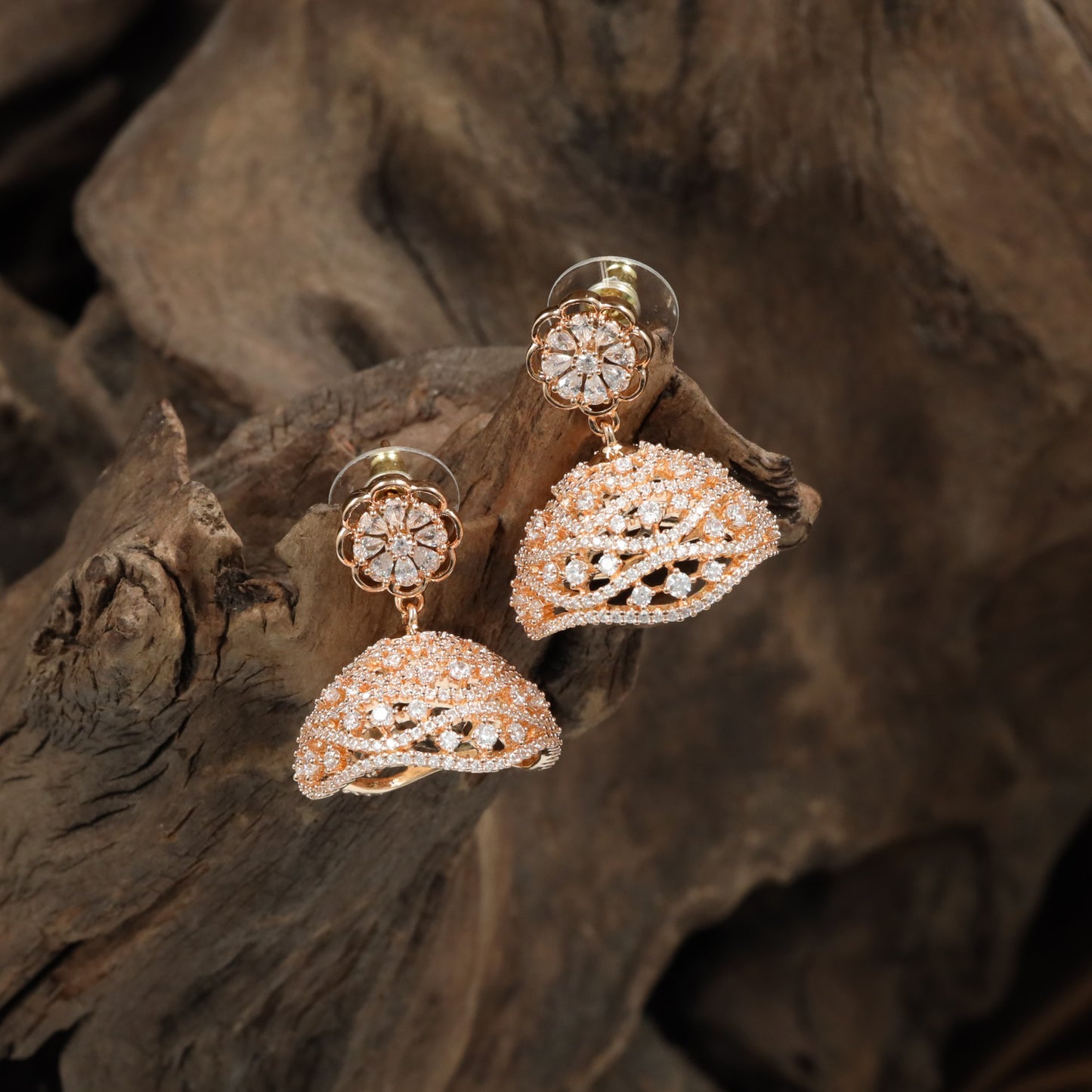 Bloom floral rose gold Jumka with curved lattice detailing