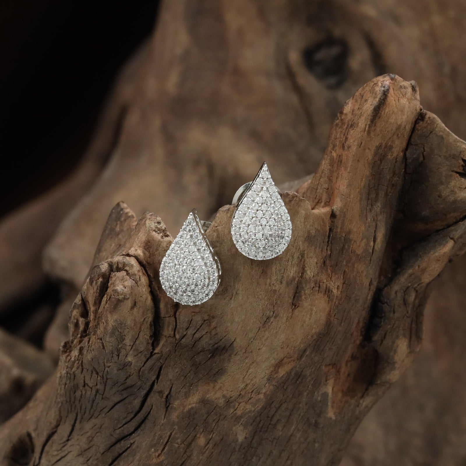 Blossom teardrop rhodium stud with clustered crystal detailing