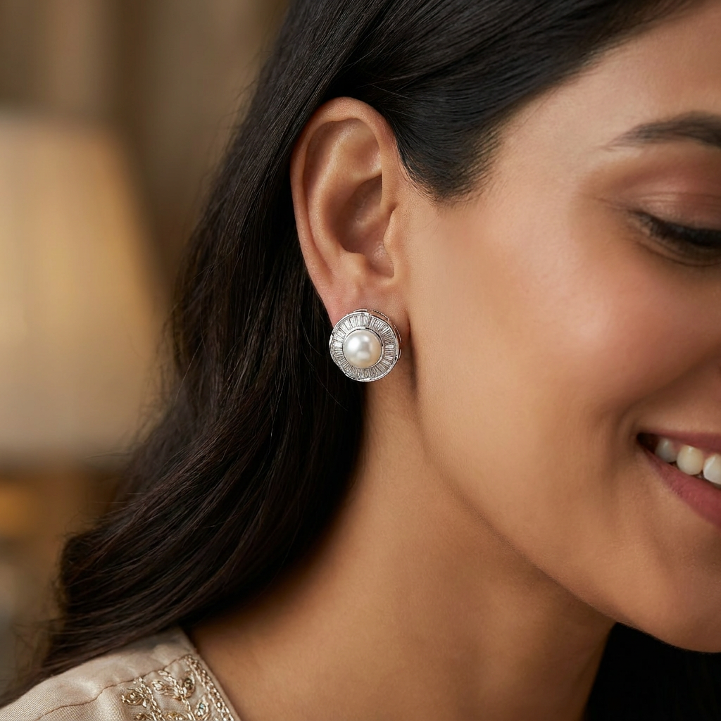 Flared circle stud with baguette crystal detailing