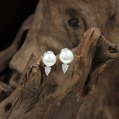 Flared pearl rhodium Stud with hanging teardrop styling