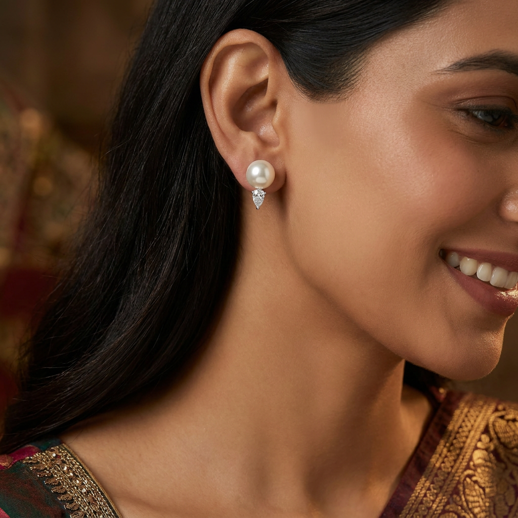 Flared pearl rhodium Stud with hanging teardrop styling