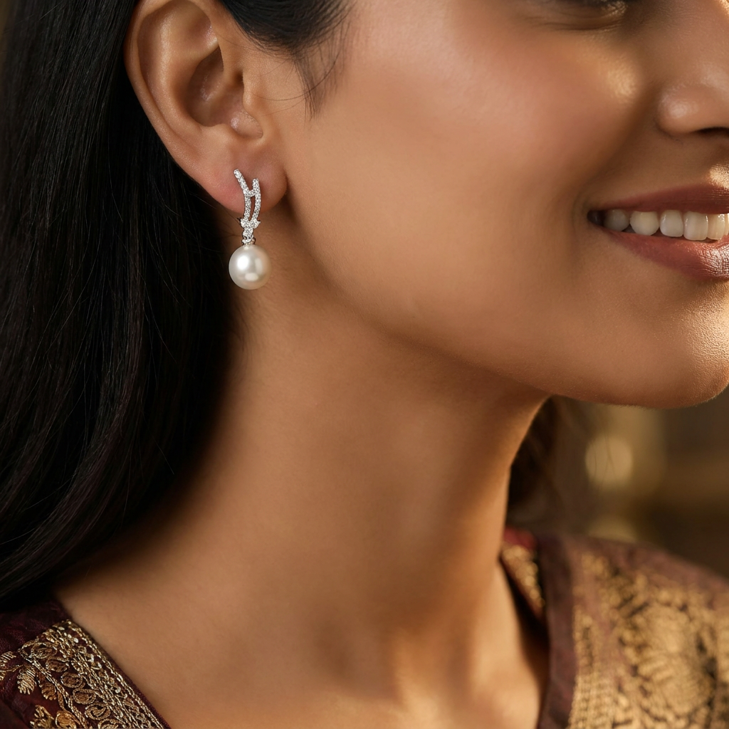 Glittering pearl Stud with bordered hook arrangement