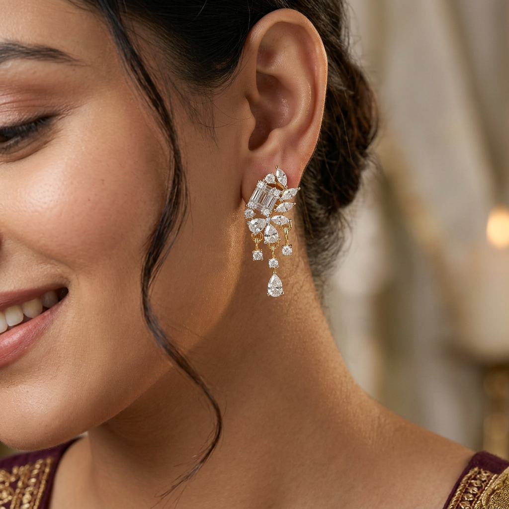 Netted floral Gj Stud with hanging stone arrangement
