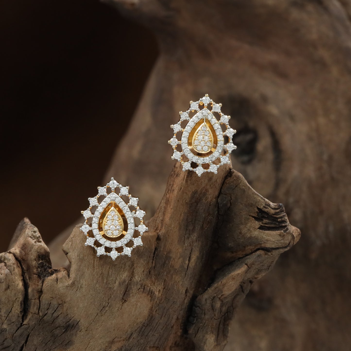 Embellished Open Pear Stud with Textured Inner Panel