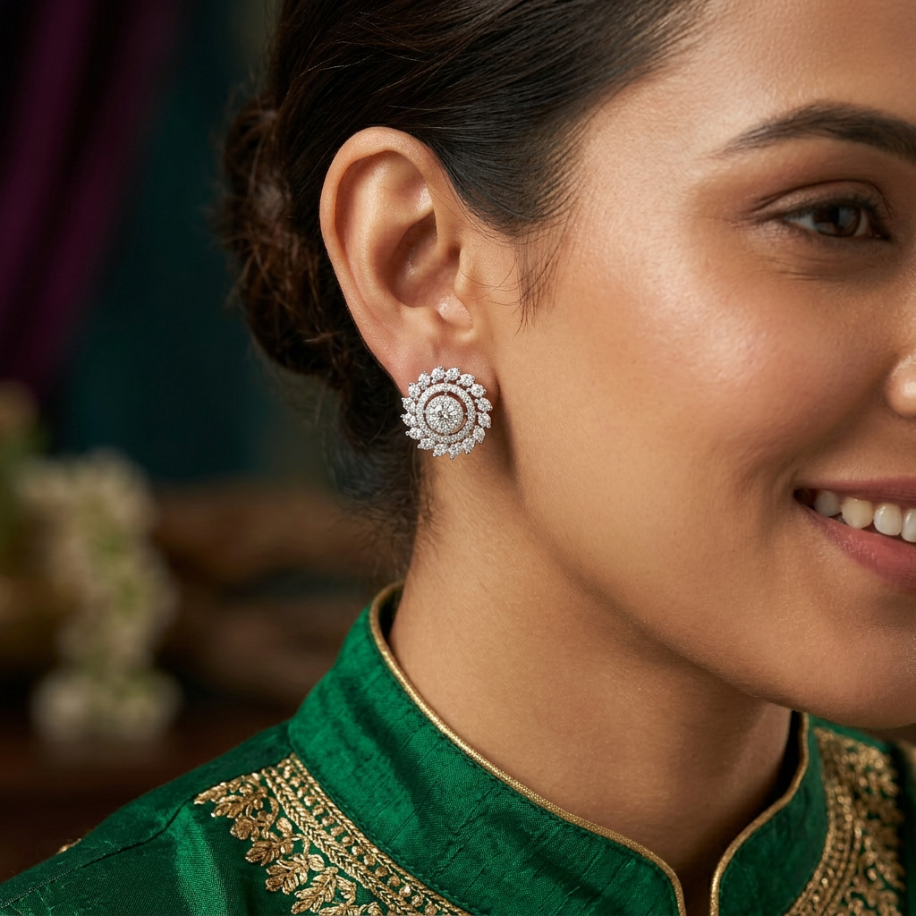 Classic Floral Disc Stud with Decorative Petal Arrangement