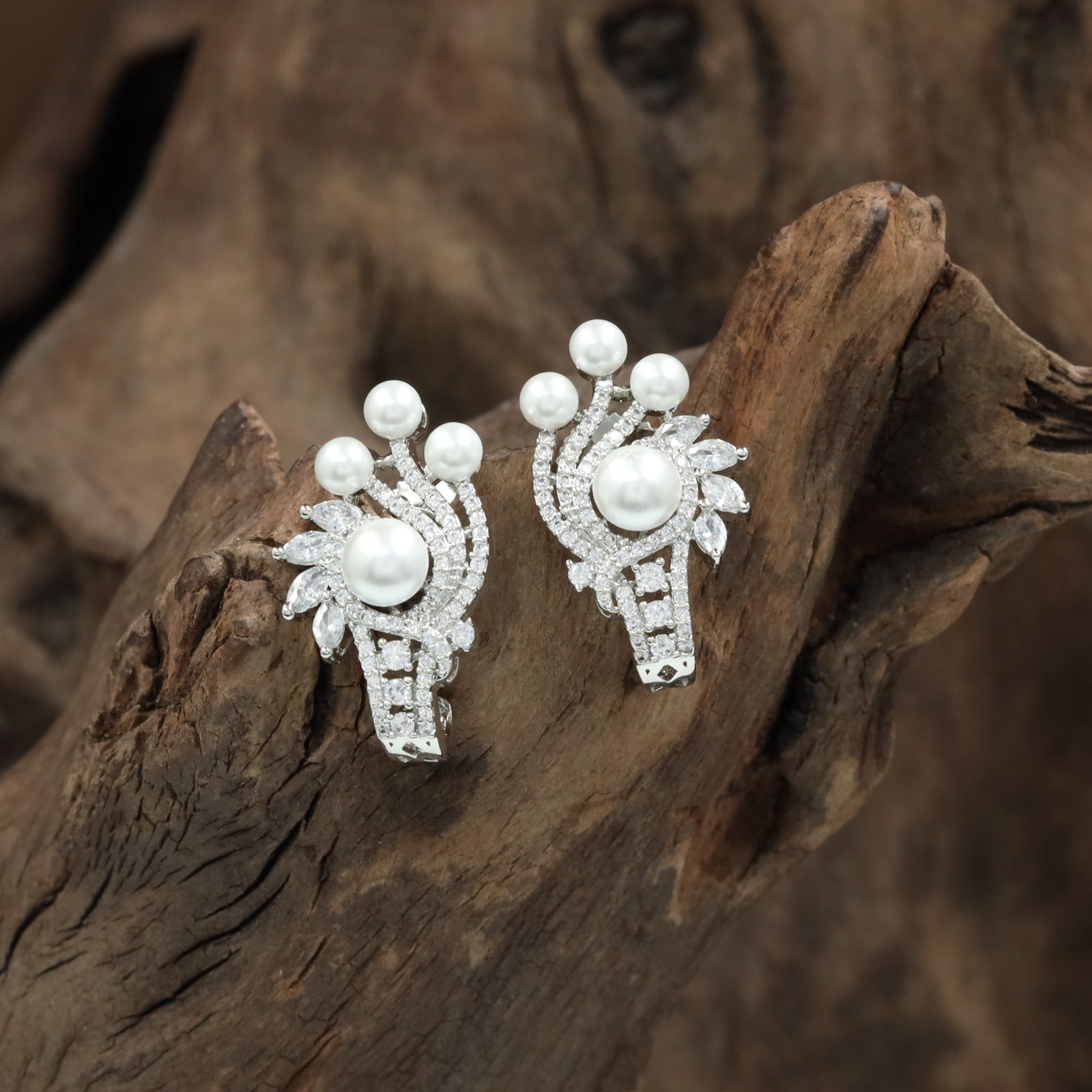 Triple Pearl Arc Stud with Marquise Leaf Arrangement