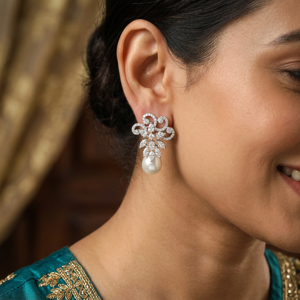 Radiance Floral Pearl Stud with Twisted Scroll Formation