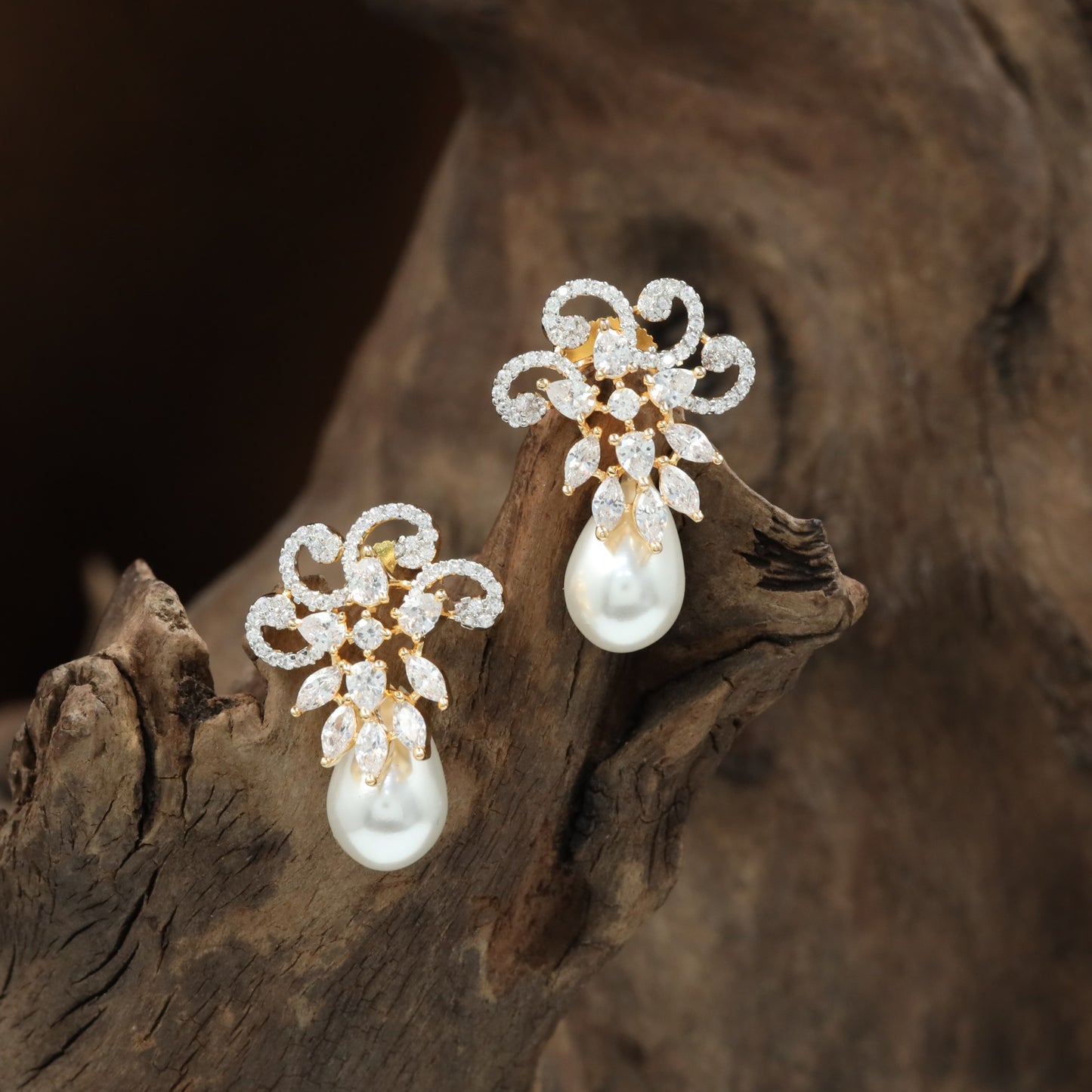 Radiance Floral Pearl Stud with Twisted Scroll Formation