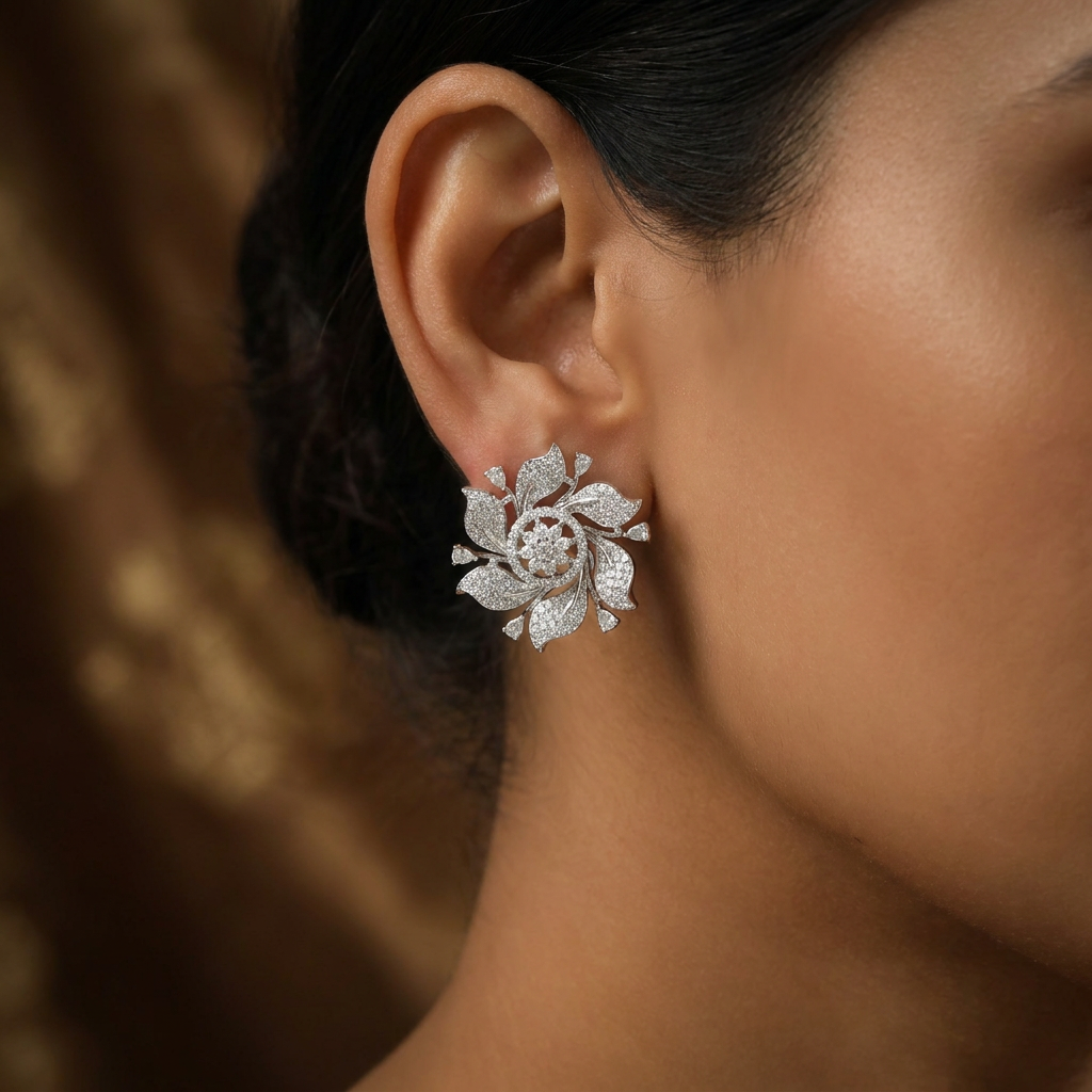 Dewline Spiral Flower Stud with Pointed Edge Accents