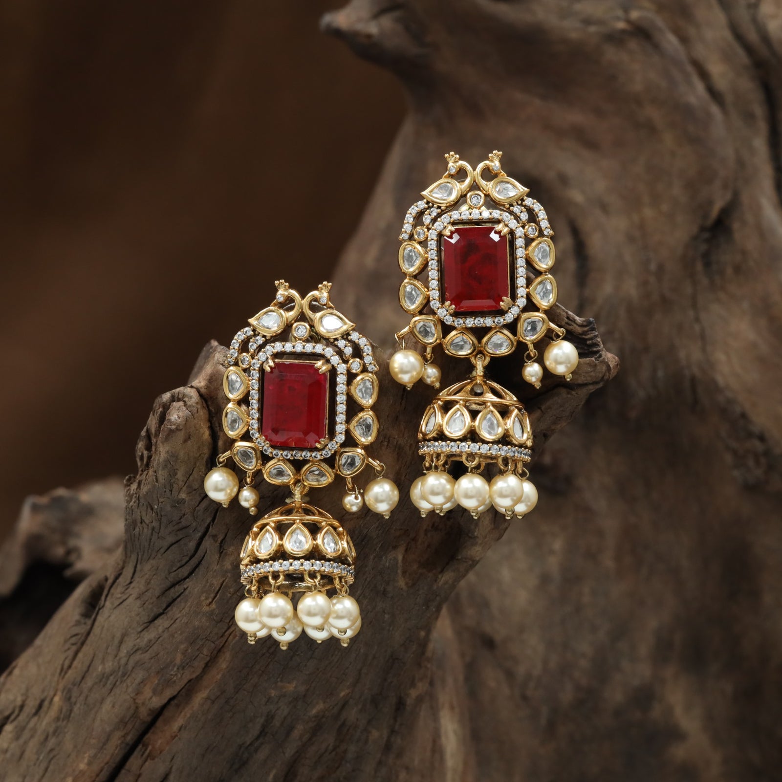 Petal Crest Antique Jumka with Dangling Pearl Accents