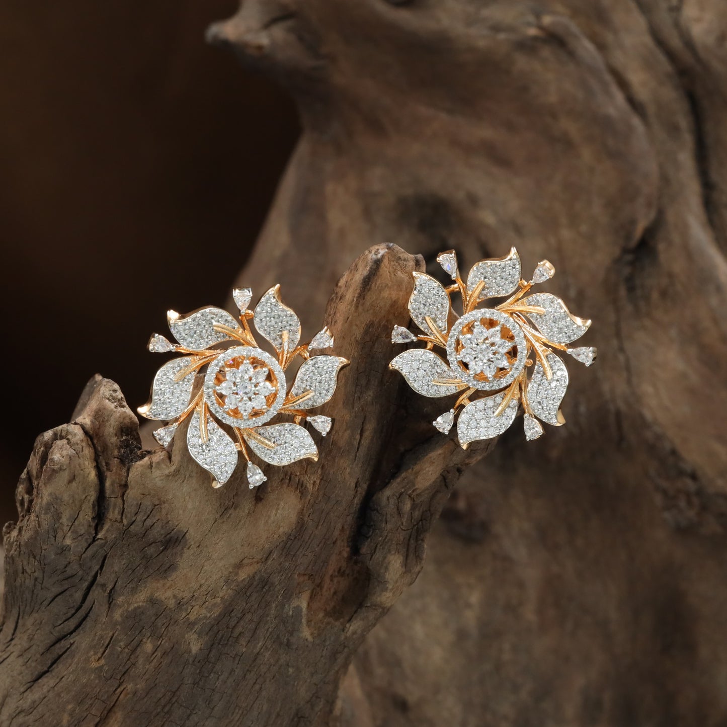 Dewline Spiral Flower Stud with Pointed Edge Accents