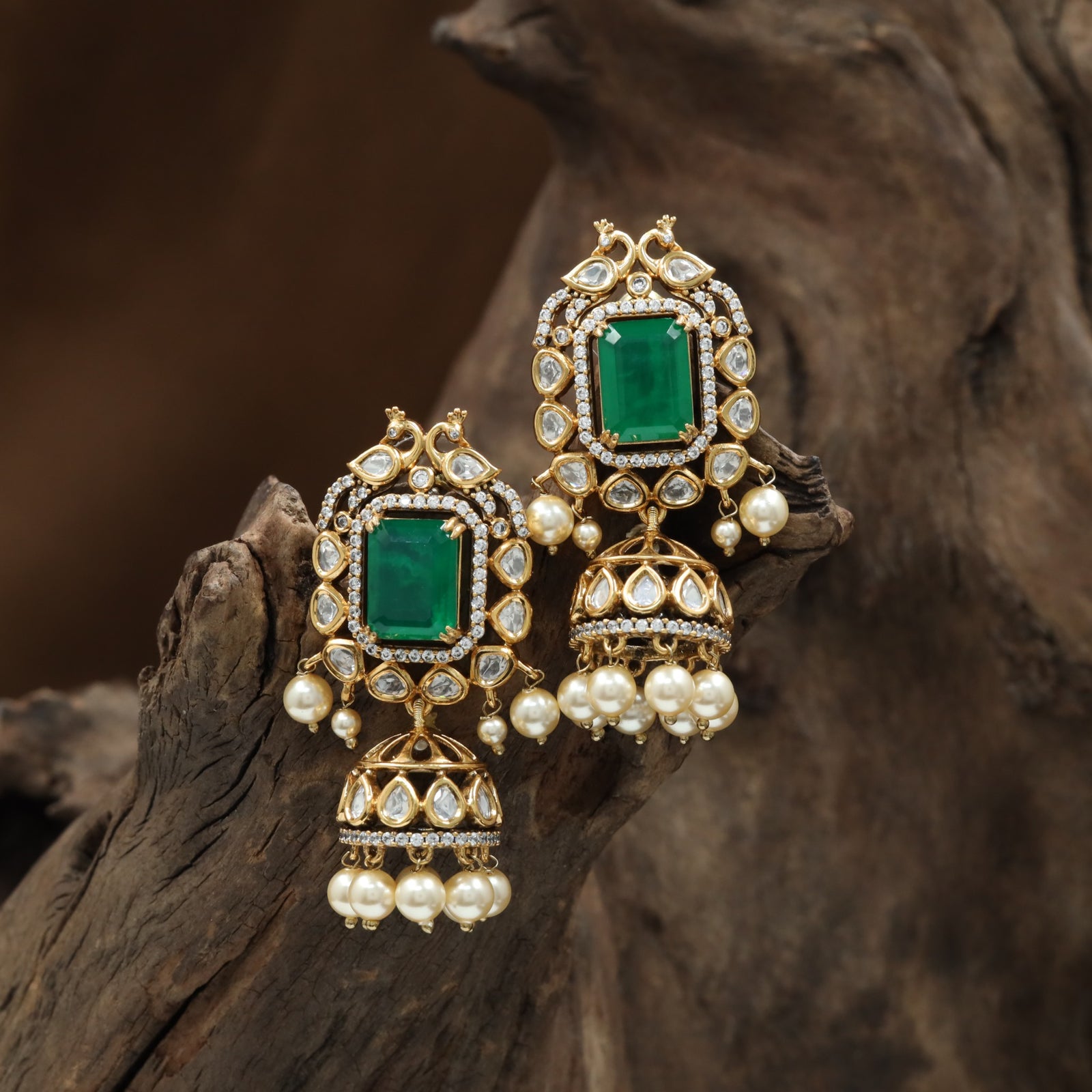 Petal Crest Antique Jumka with Dangling Pearl Accents