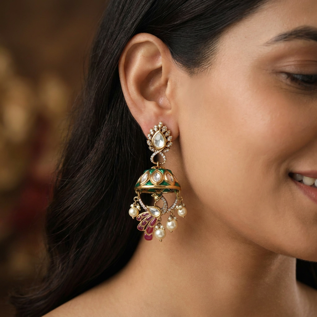 Arch Frame Kundan Jumka with Peacock Drop Detailing