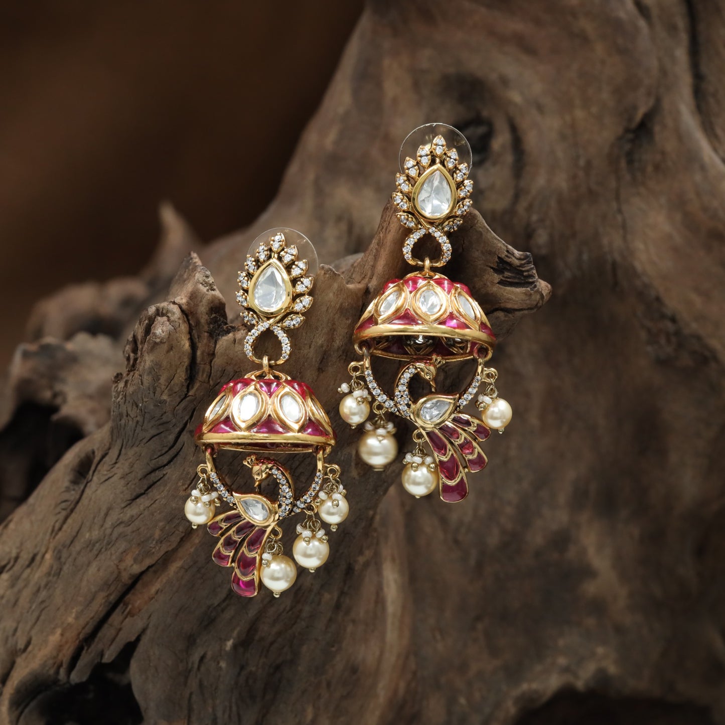 Arch Frame Kundan Jumka with Peacock Drop Detailing