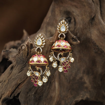 Arch Frame Kundan Jumka with Peacock Drop Detailing