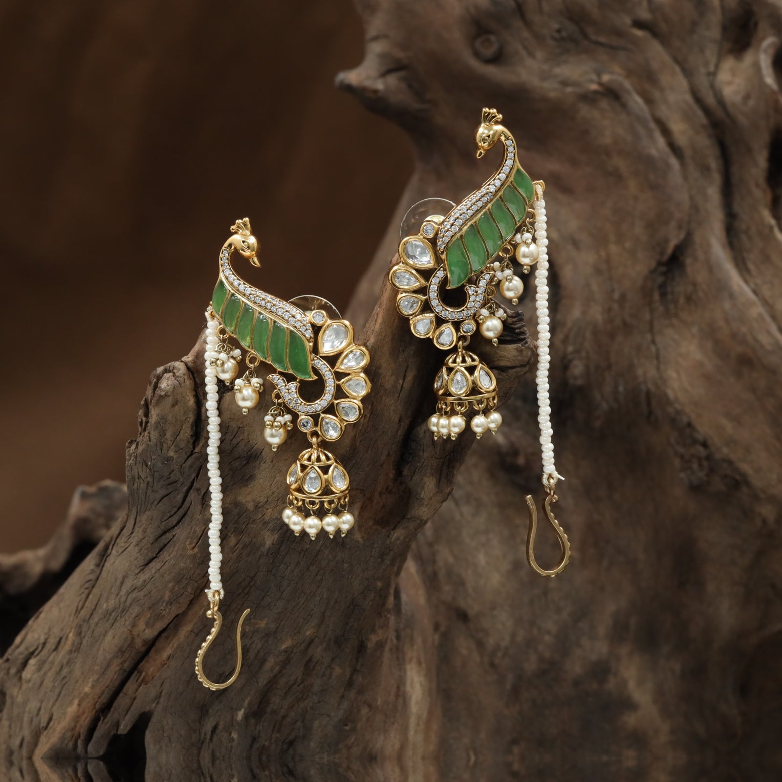 Peacock Kundan Hanging with Curved Feather Layout and Hanging Pearls