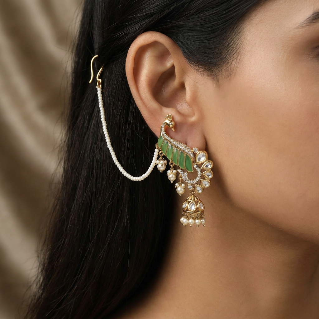Peacock Kundan Hanging with Curved Feather Layout and Hanging Pearls