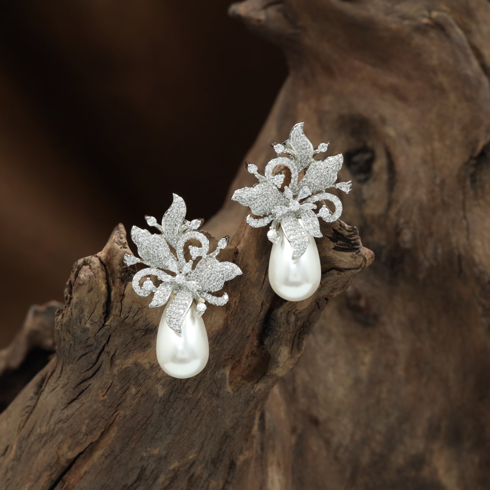 Decorative Leaf Stud with Layered Pearl Styling