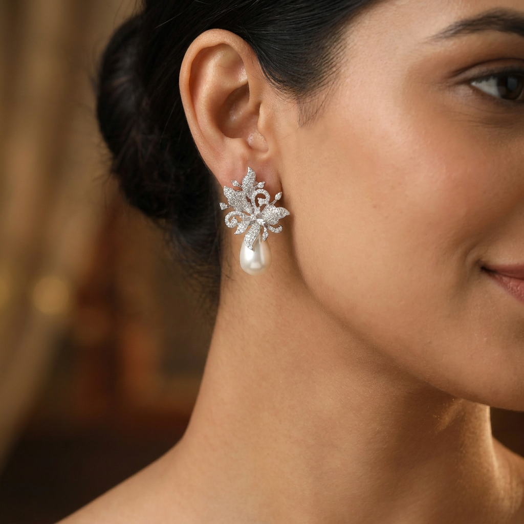 Decorative Leaf Stud with Layered Pearl Styling