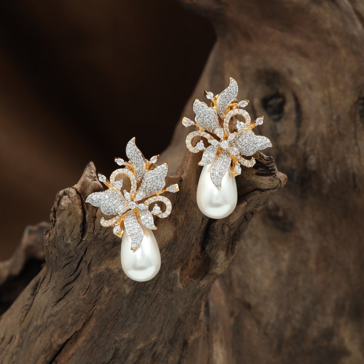 Decorative Leaf Stud with Layered Pearl Styling