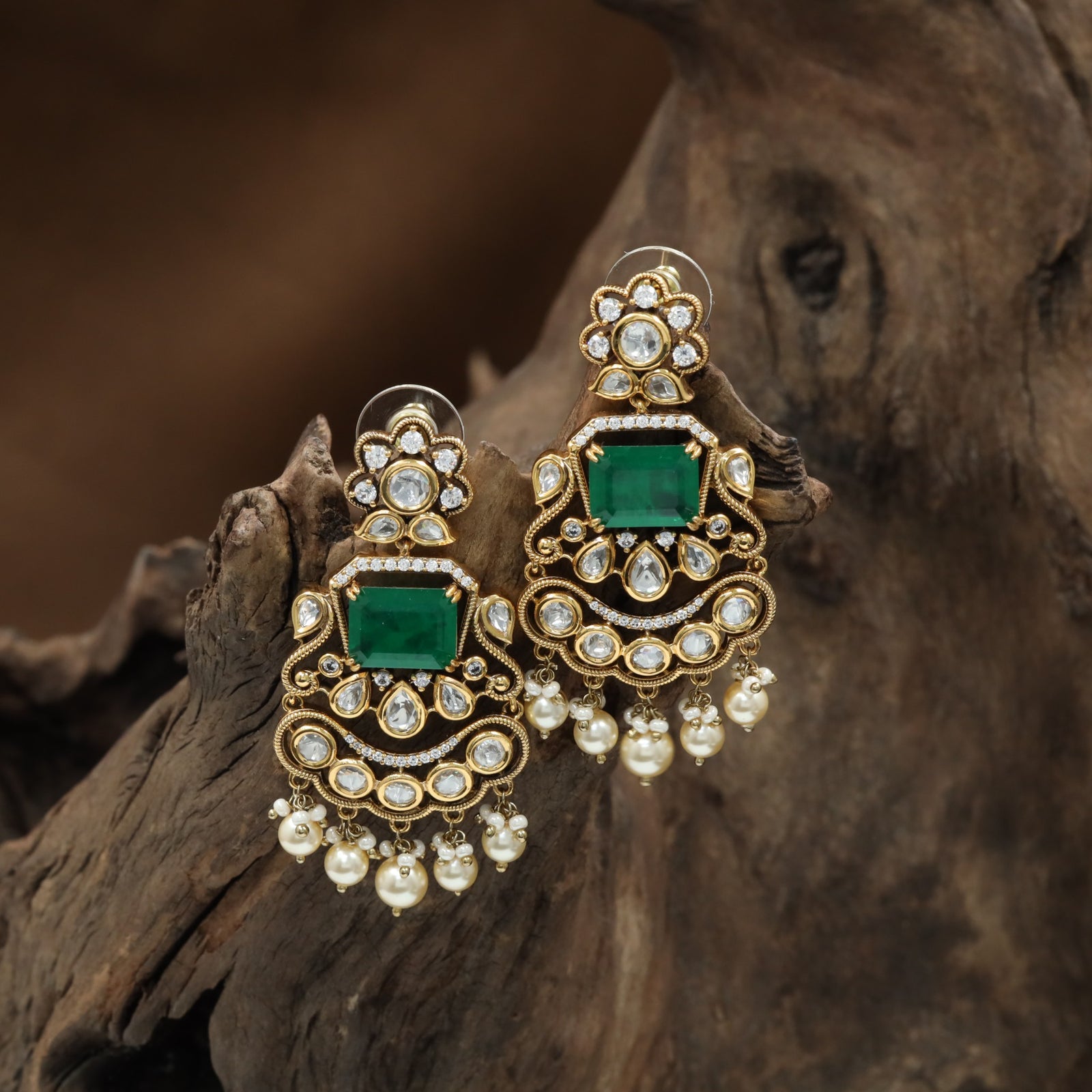 Baroque Frame Kundan Hanging with Rectangular Center Layout and Drop Pearls