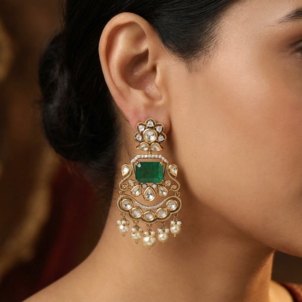 Baroque Frame Kundan Hanging with Rectangular Center Layout and Drop Pearls