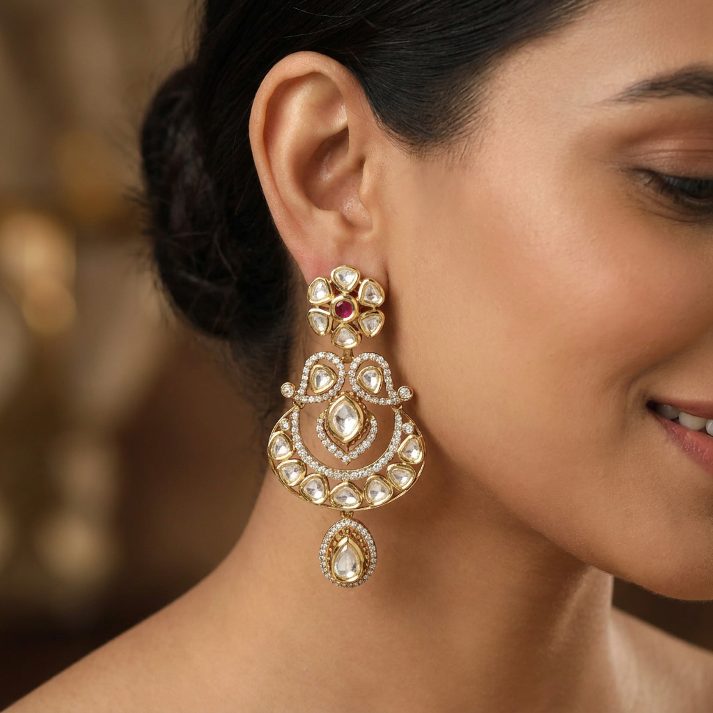 Bordered Arch Kundan Hanging with Circular Frame Layout and Hanging Drops