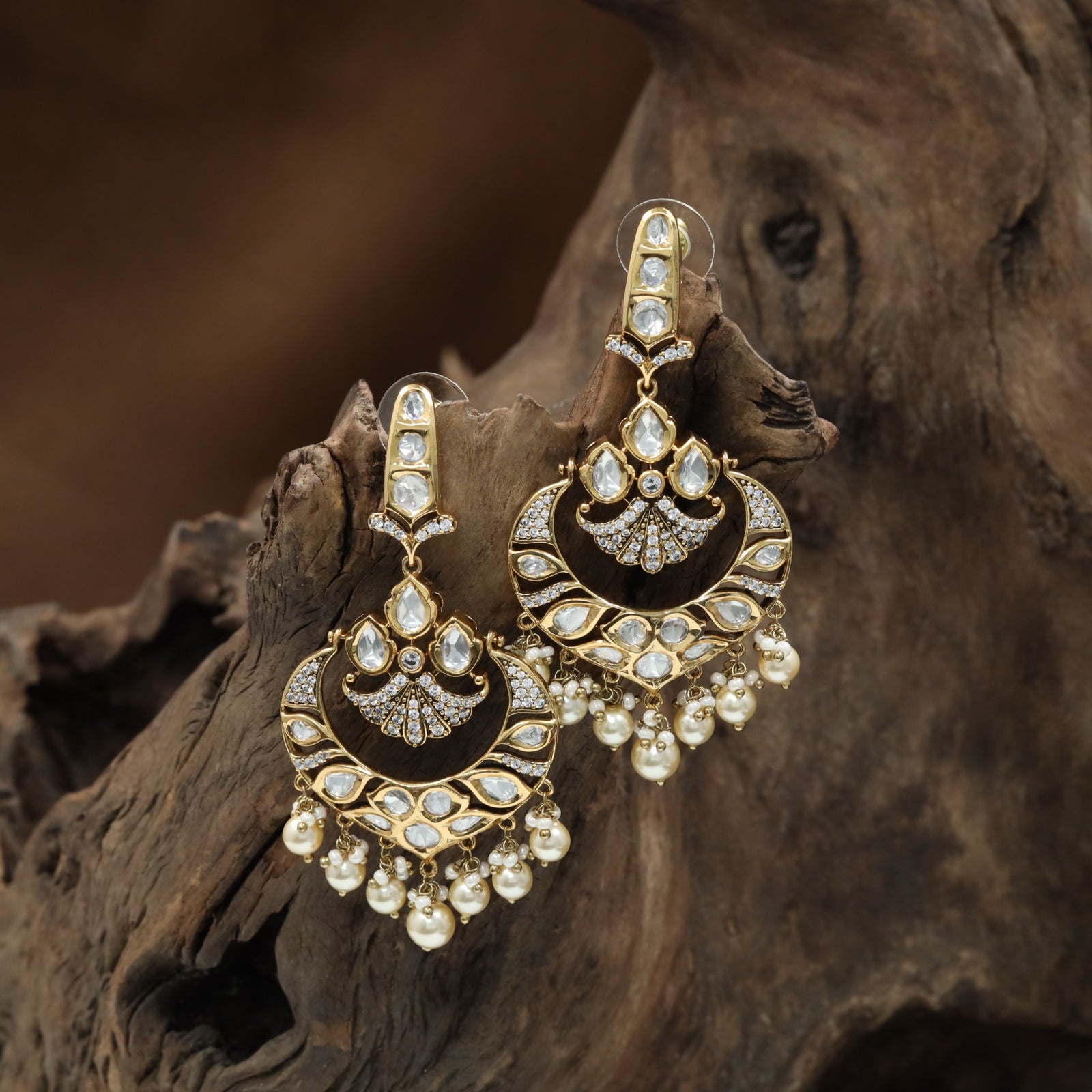 Arched Peacock Kundan Hanging with Crescent Border Layout and Pearl Tassel Drops