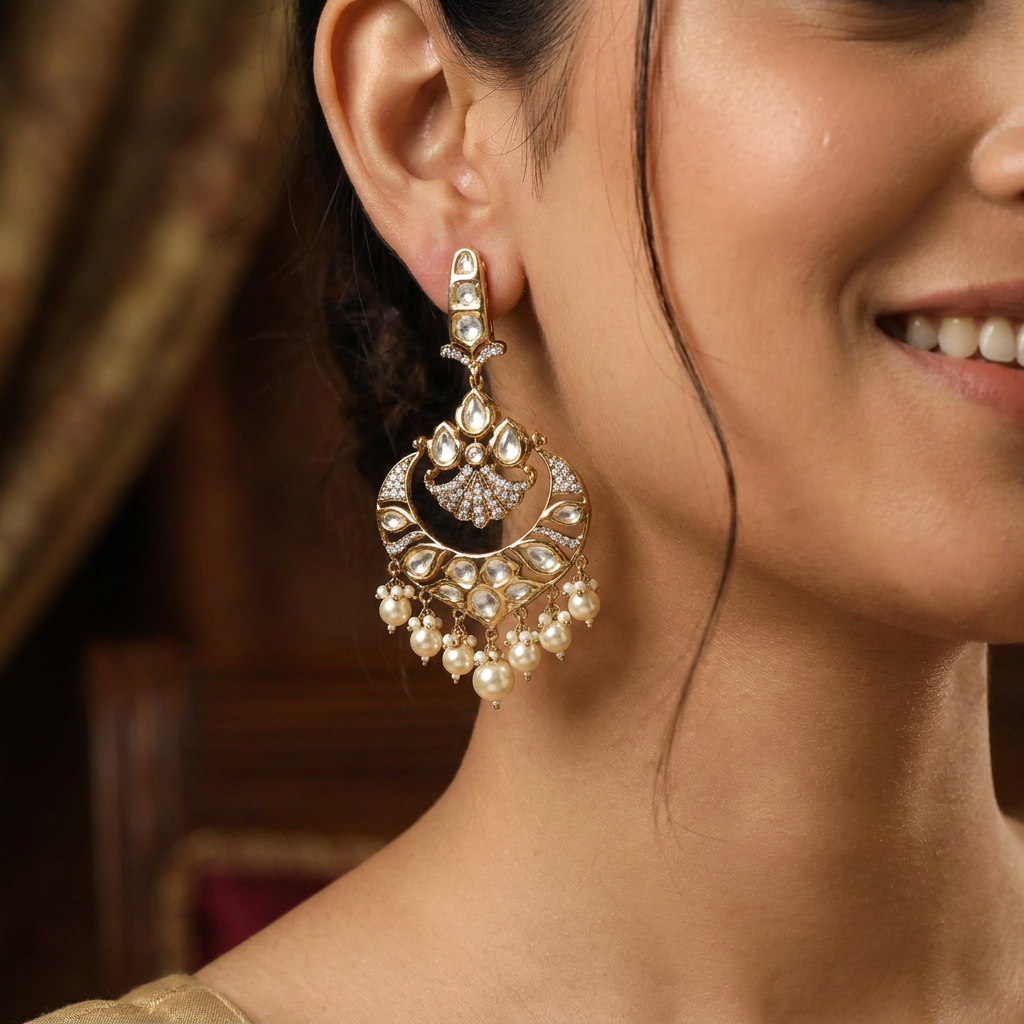 Arched Peacock Kundan Hanging with Crescent Border Layout and Pearl Tassel Drops