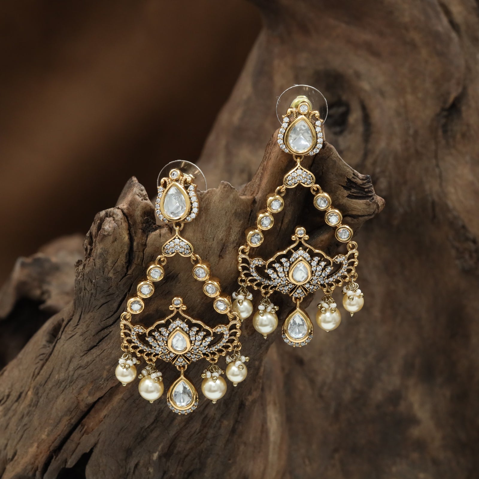 Flared Peacock Kundan Hanging with Triangle Border Frame and Pearl Drops