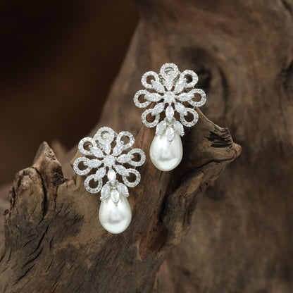 Encircled Flower Stud with Symmetrical Loop Pearl Bead