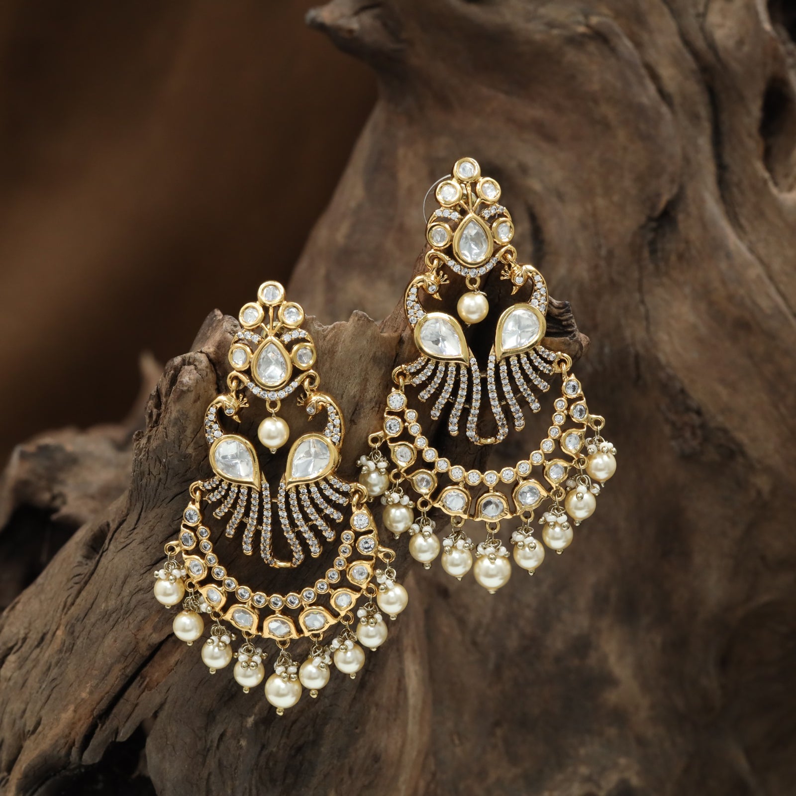 Peacock Kundan Hanging with Crescent Border Layout and Pearl Tassel Drops