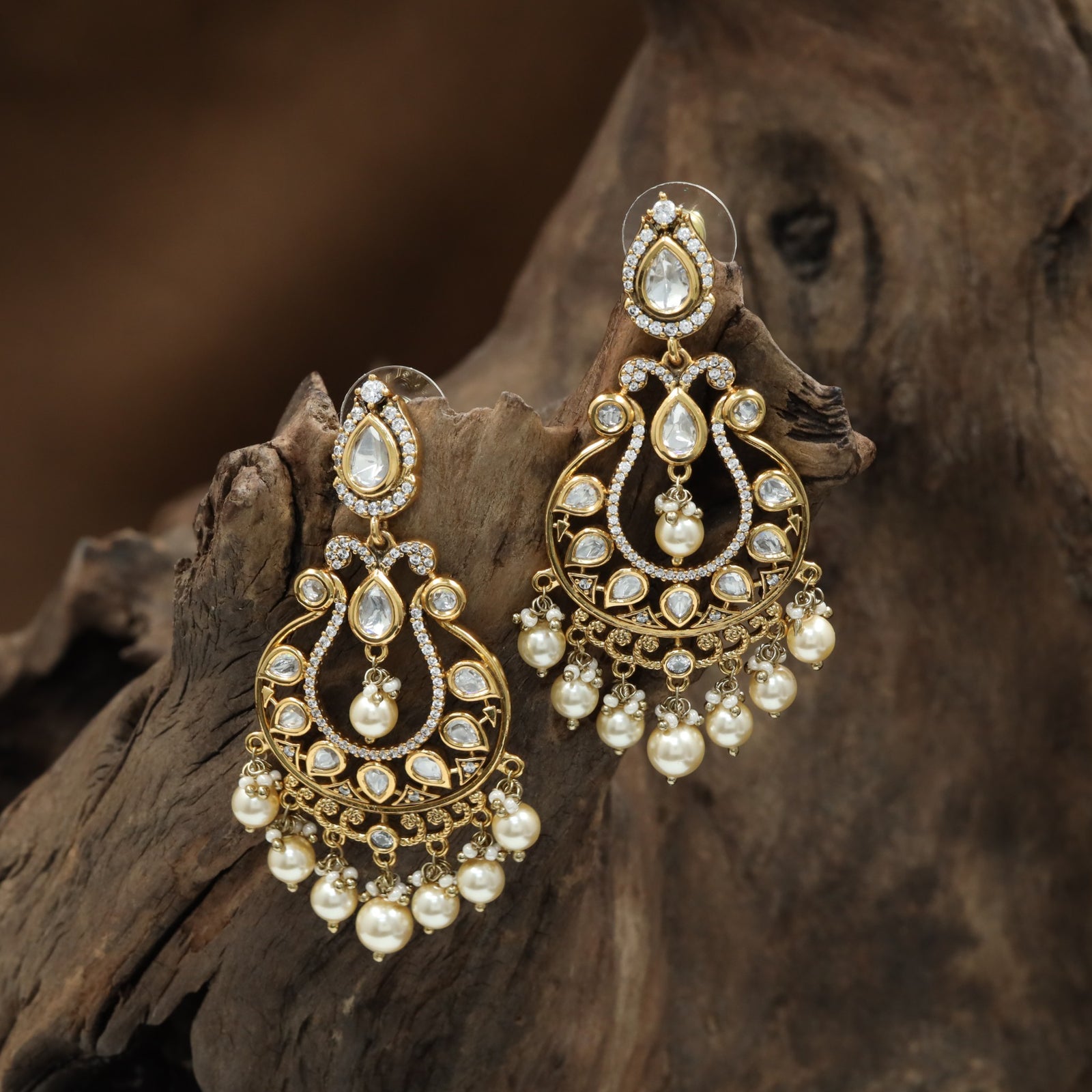 Cascaded Frame Kundan Hanging with Oval Top Connector and Pearl Tassel Drops