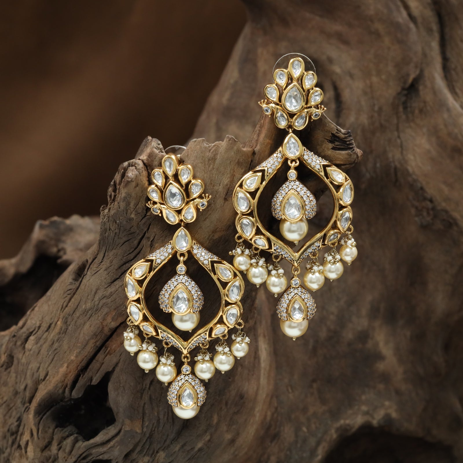 Mirror Cut Kundan Hanging with Double Drop Center and Pearl Edge Lines