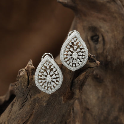 Border Teardrop Rhodium Stud with Layered Floral Layout and Raised Detailing