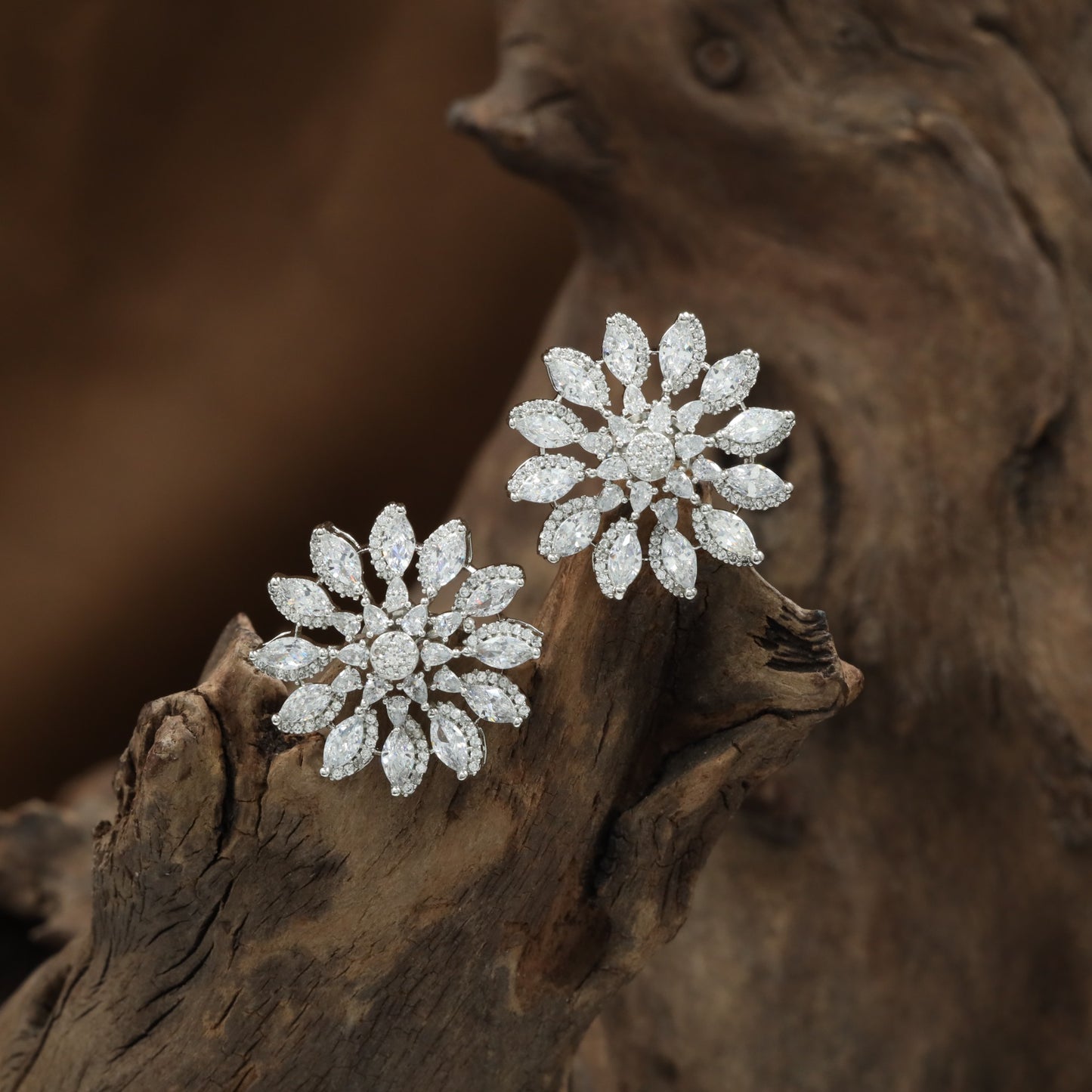Daisy Bloom Rhodium Stud with Marquise Petal Borders and Raised Center Pattern